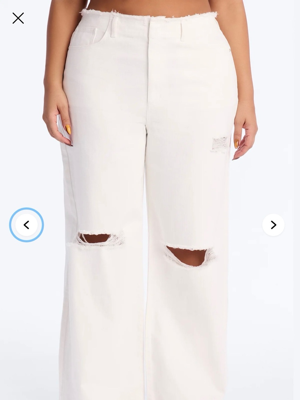 Fashion Nova White High-Rise Wide Leg Distressed Jeans with Knee Rips